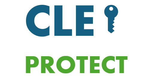 CLEPROTECT Logo Texte "CLE PROTECT" avec une clé stylisée, en bleu et vert.
